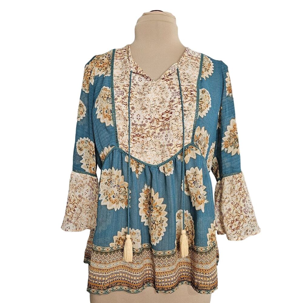 Vintage America‎ Blues Blouse Medium Multicolor 3/4 Bell Sleeve Babydoll Top Y2K